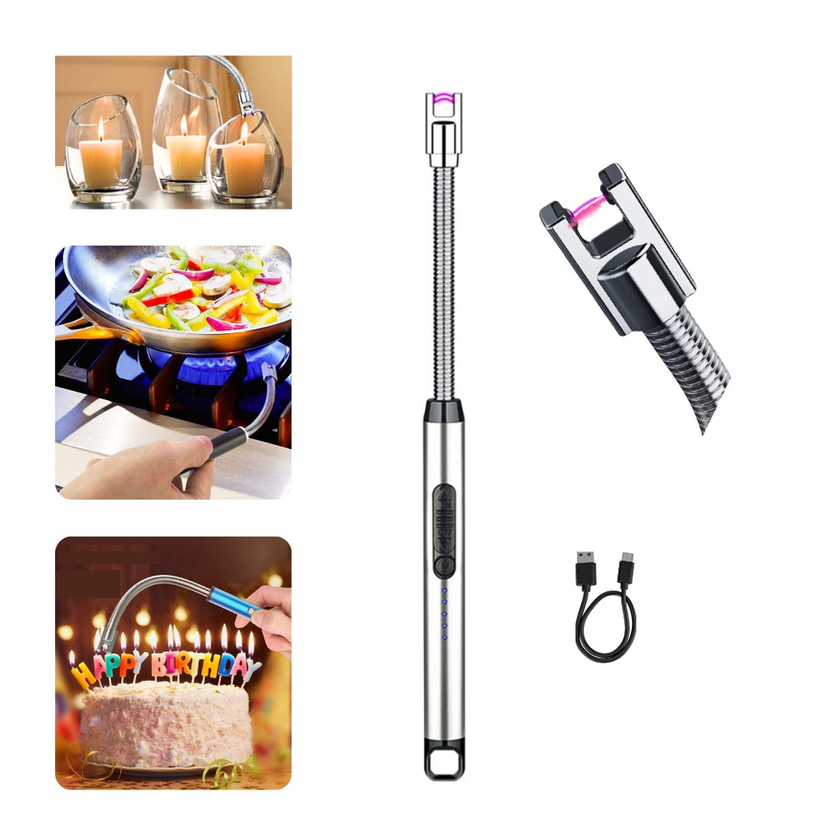 GENERICO - Encendedor Eléctrico De Cocina 360° Recargable USB Tipo C Flexible Velas Viaje Camping Seguro