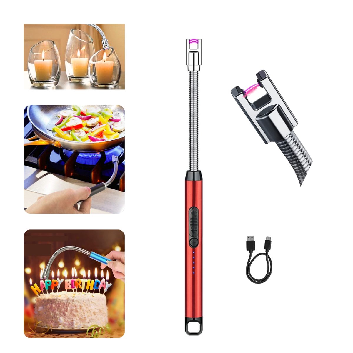 GENERICO - Encendedor Eléctrico De Cocina 360° Recargable USB Tipo C Flexible Velas Viaje Camping Seguro