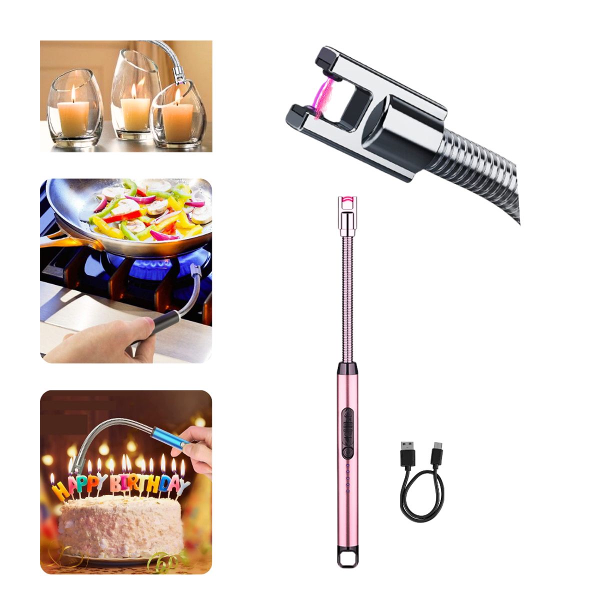 GENERICO - Encendedor Eléctrico De Cocina 360° Recargable USB Tipo C Flexible Velas Viaje Camping Seguro