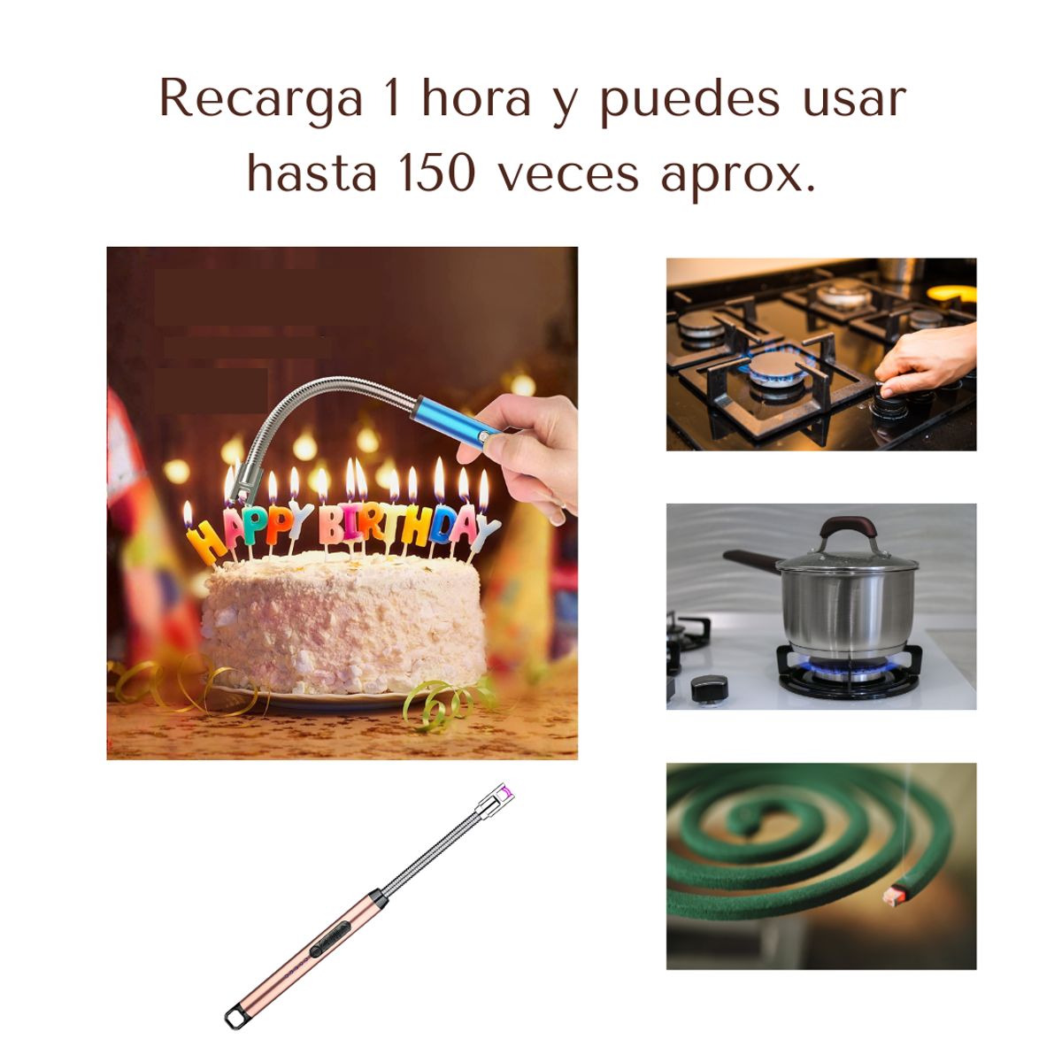 GENERICO - Encendedor Eléctrico De Cocina 360° Recargable USB Tipo C Flexible Velas Viaje Camping Seguro