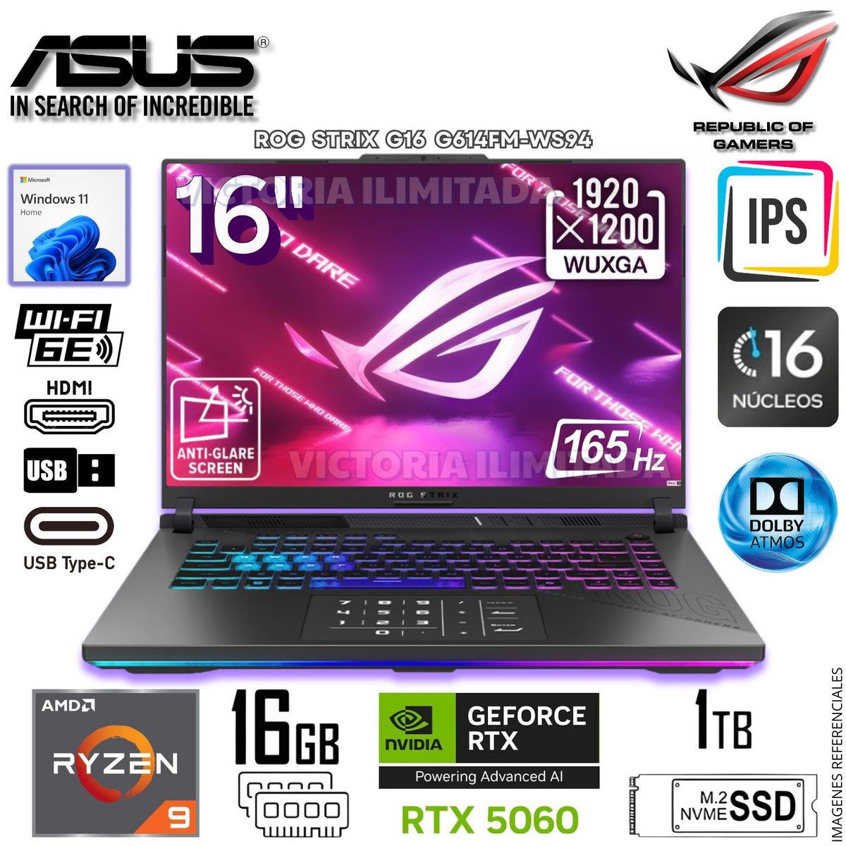 ASUS - Laptop Gamer Asus ROG STRIX G16 AMD RYZEN 9-9955HX NVIDIA RTX5060 16GB 1TB SSD 16 WUXGA G614FM-WS94
