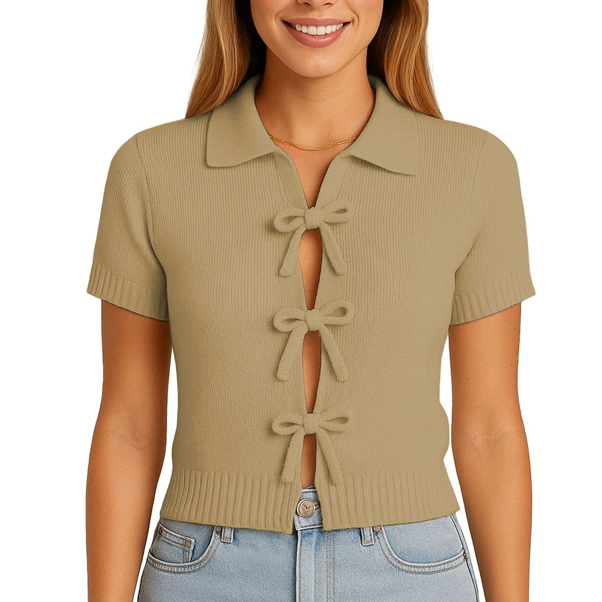 GENERICO - Sueter Mujer MC Camisero Lazos Hilo Tacto 463G Dom-22 Color Beige