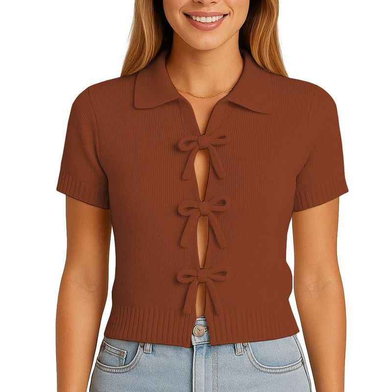 GENERICO - Sueter Mujer MC Camisero Lazos Hilo Tacto 463G Dom-22 Color Caramelo