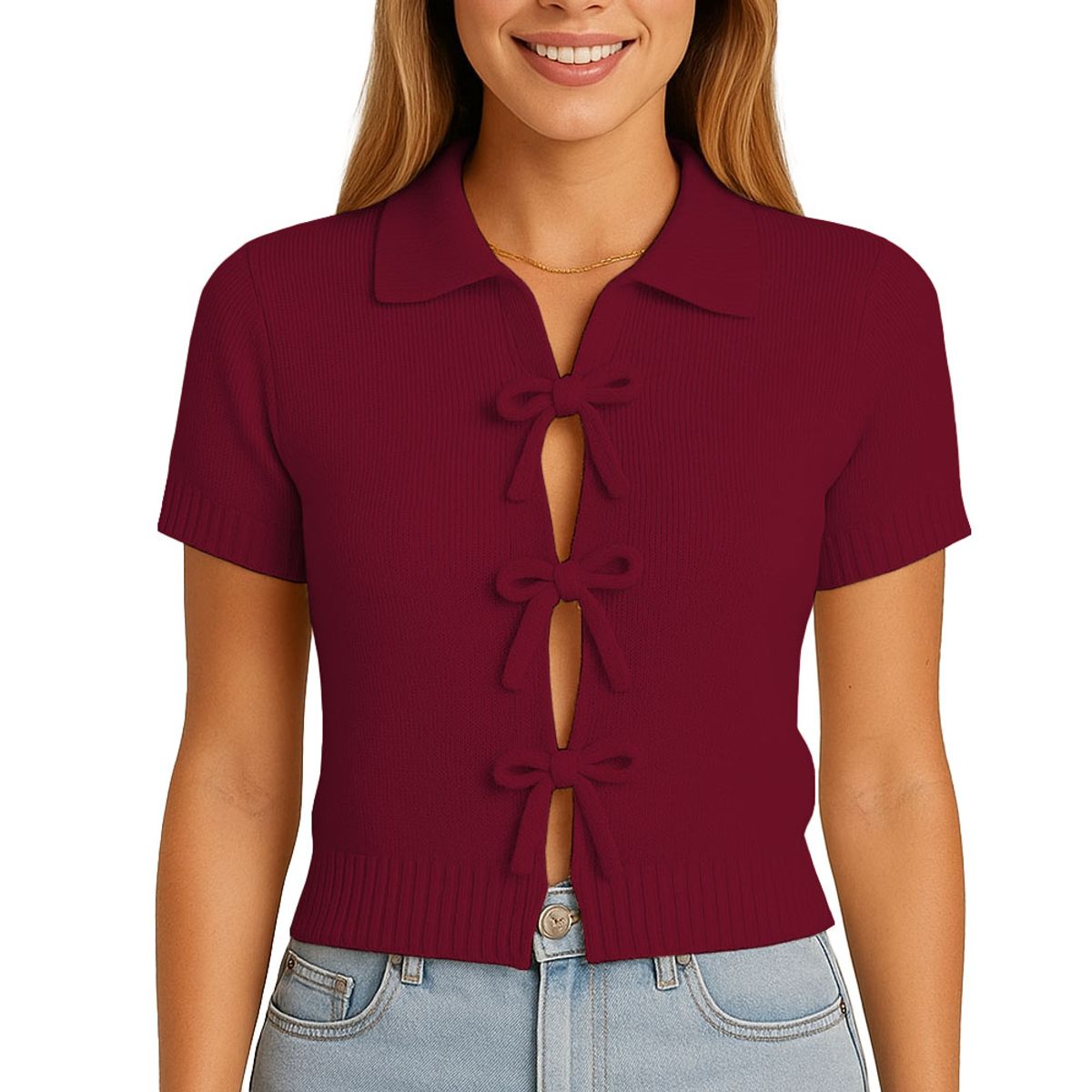 GENERICO - Sueter Mujer MC Camisero Lazos Hilo Tacto 463G Dom-22 Color Vino