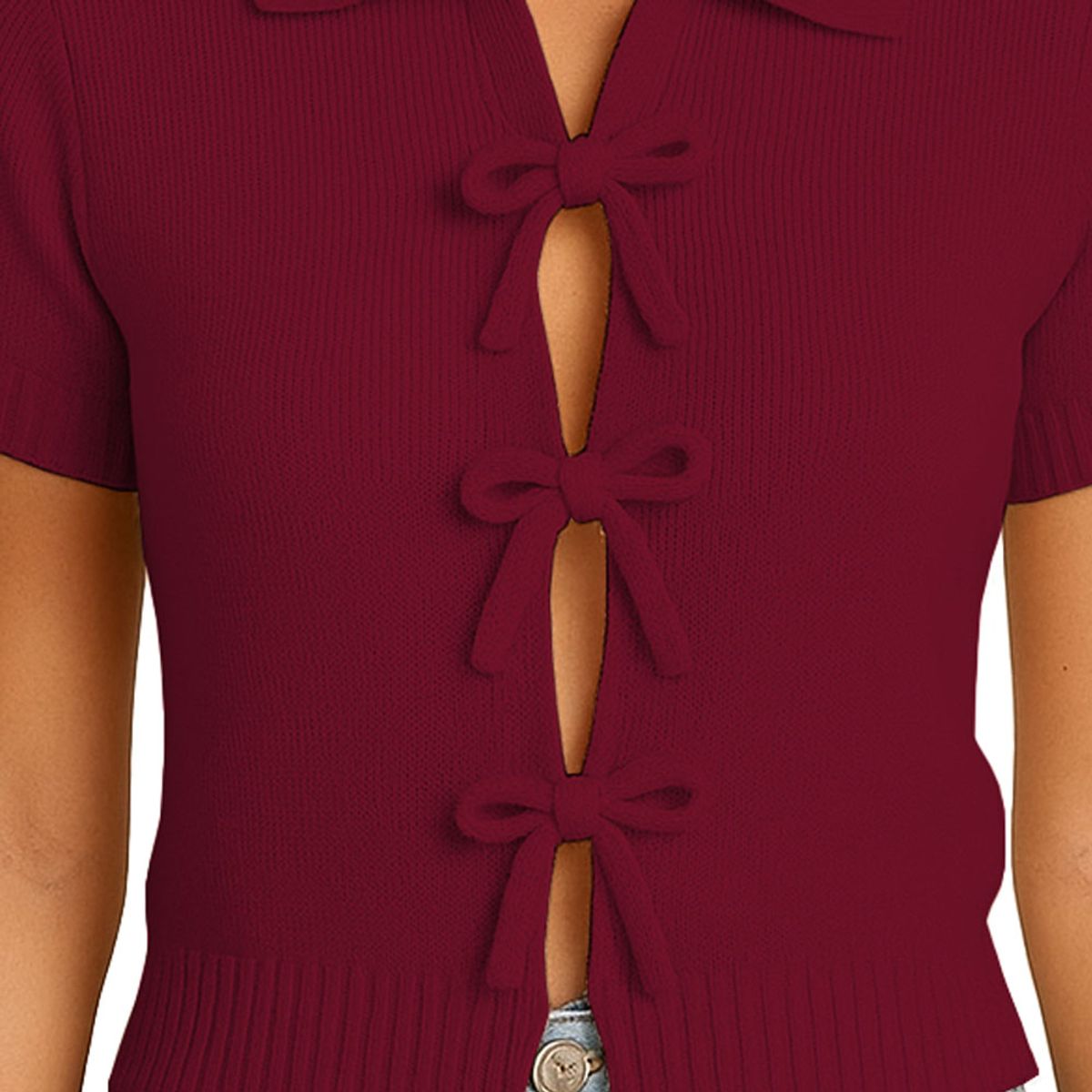 GENERICO - Sueter Mujer MC Camisero Lazos Hilo Tacto 463G Dom-22 Color Vino