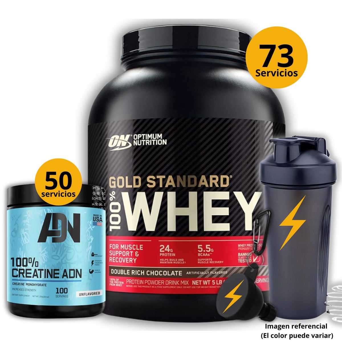 UNIVERSE NUTRITION - Proteína Gold standard whey de 5lb Chocolate + Creatina ADN de 250gr + regalos