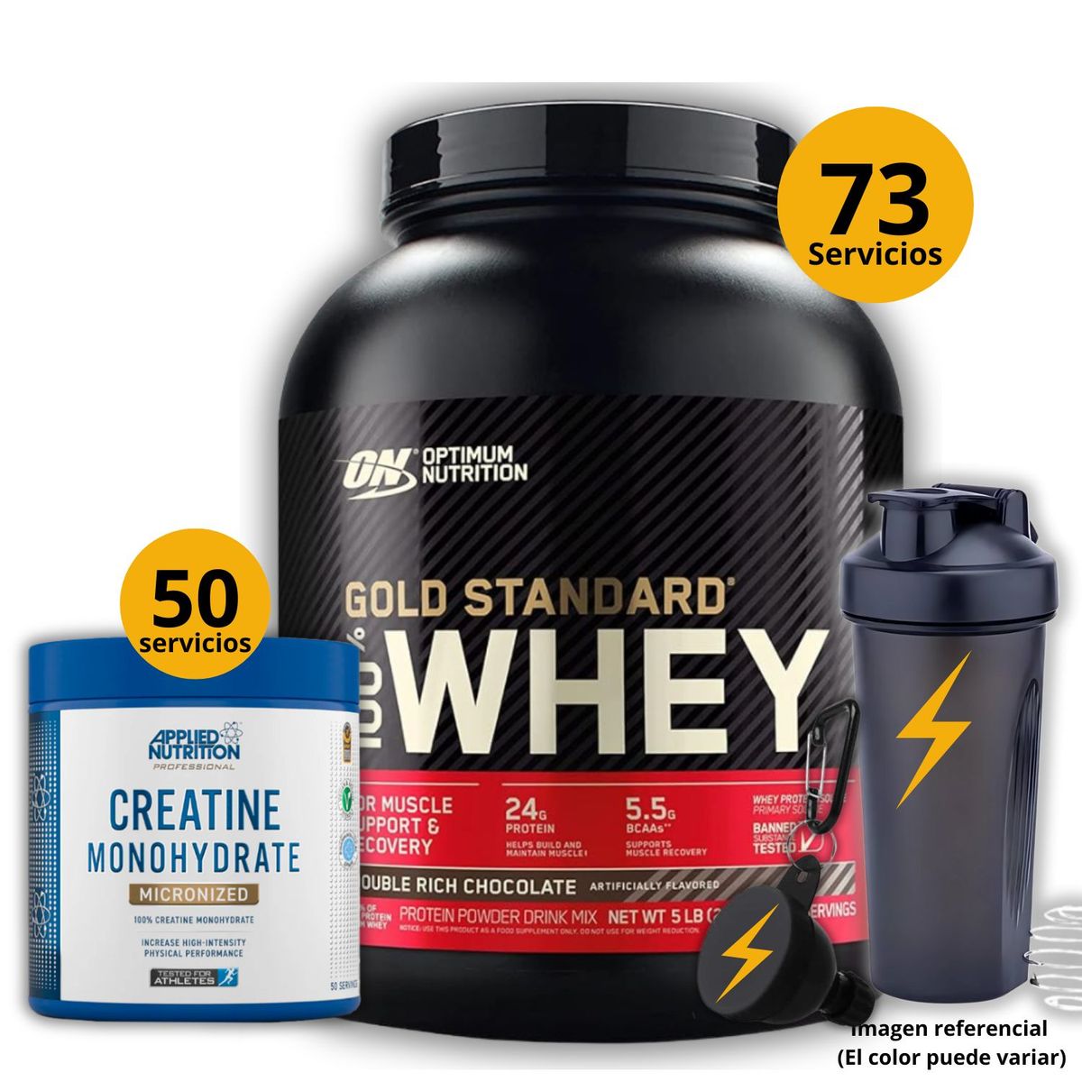UNIVERSE NUTRITION - Proteína Gold standard whey de 5lb Chocolate + Creatina Applied Nutrition de 250gr + regalos