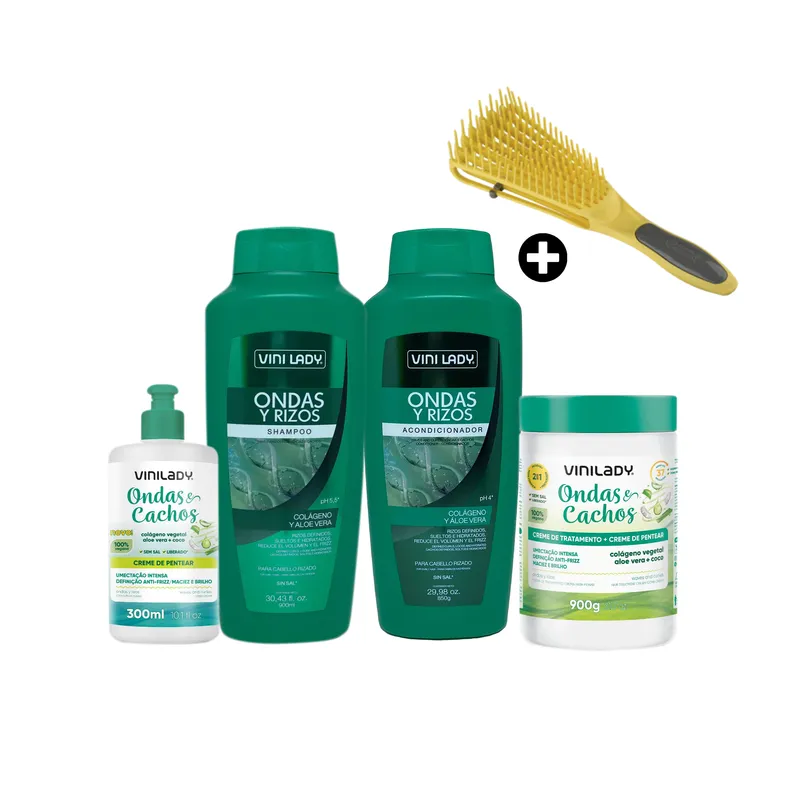 VINILADY - Vinilady Tratamiento para Ondas y Rizos  Shampoo Acondicionador Tratamiento y Crema + REGALO Cepillo Caracol Amarillo