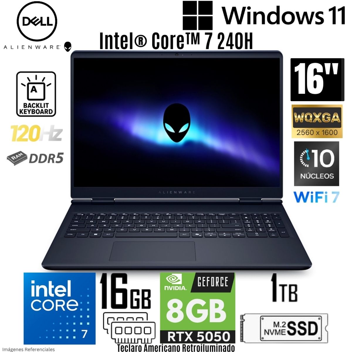 DELL - Laptop Dell ALIENWARE 16 Aurora Intel  Core 7 240H 16GB DDR5 RAM 1TB SSD RTX 5050-8GB 16"  WQXGA