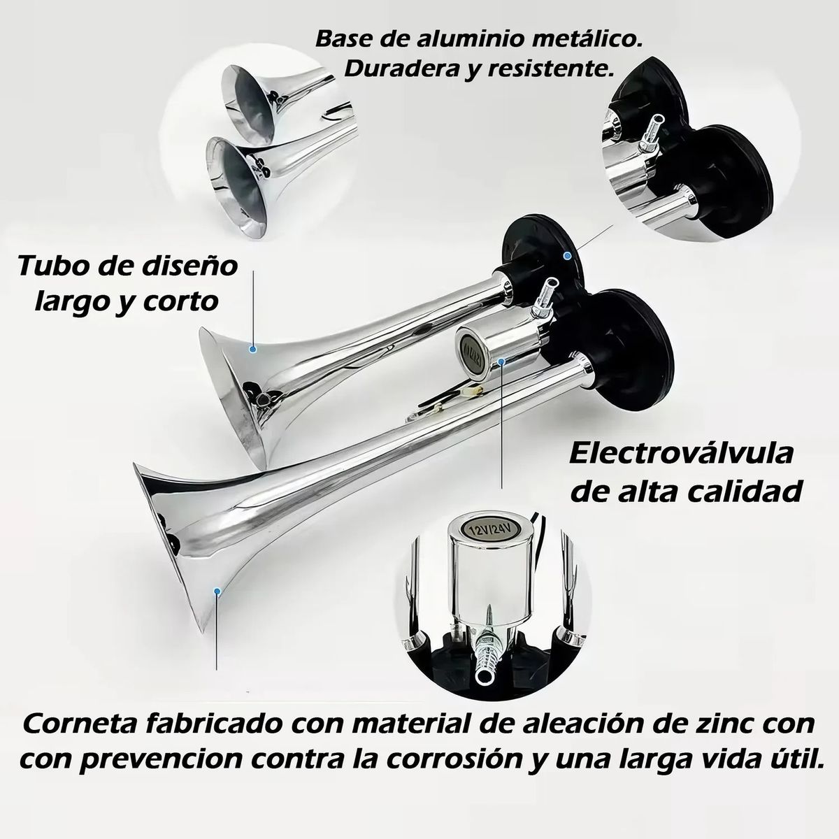 GENERICO - Claxon de Aire 12/24V 2 Cornetas Cromado