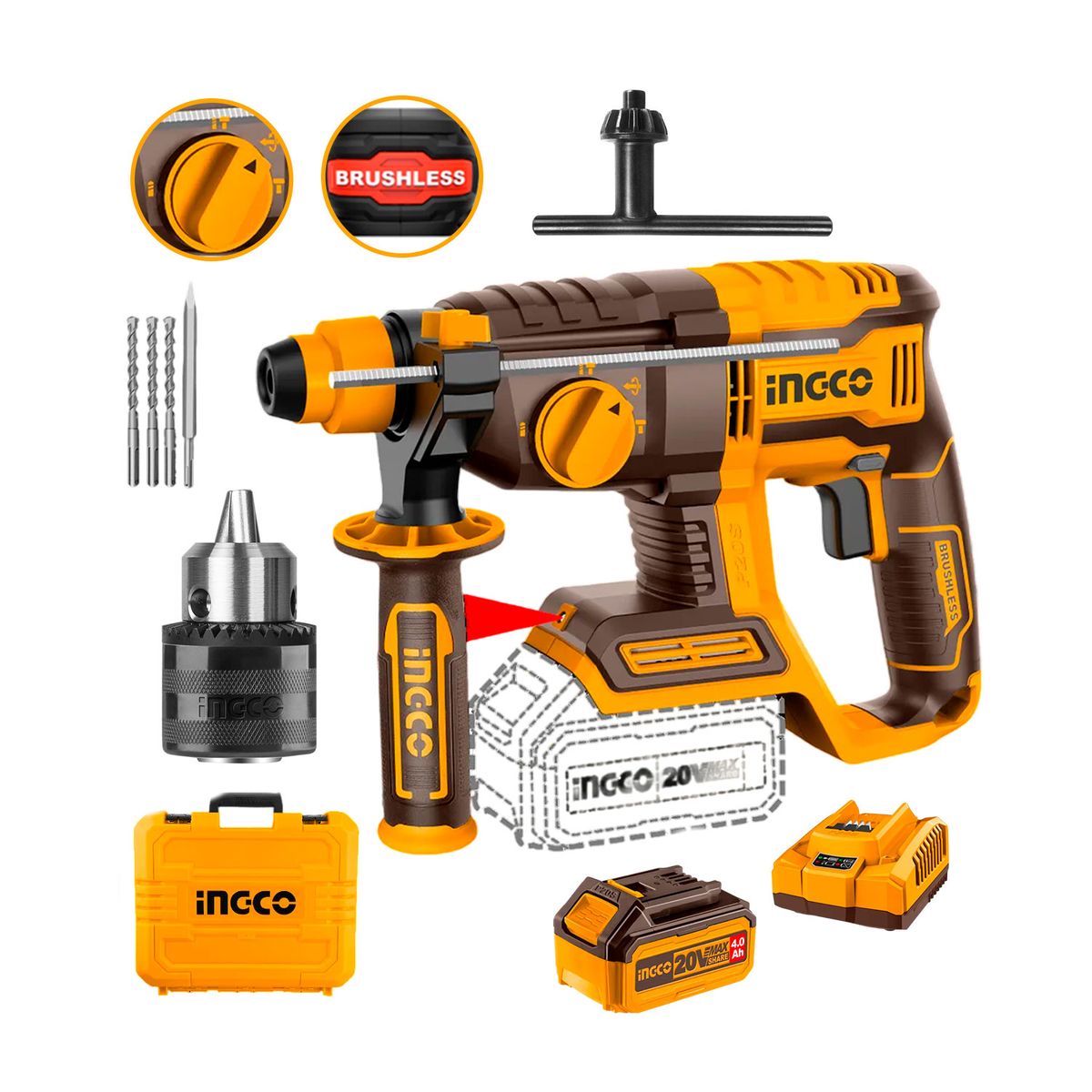 INGCO TOOLS - Rotomartillo 4 Funciones + batería 4ah + cargador 20v + adaptador