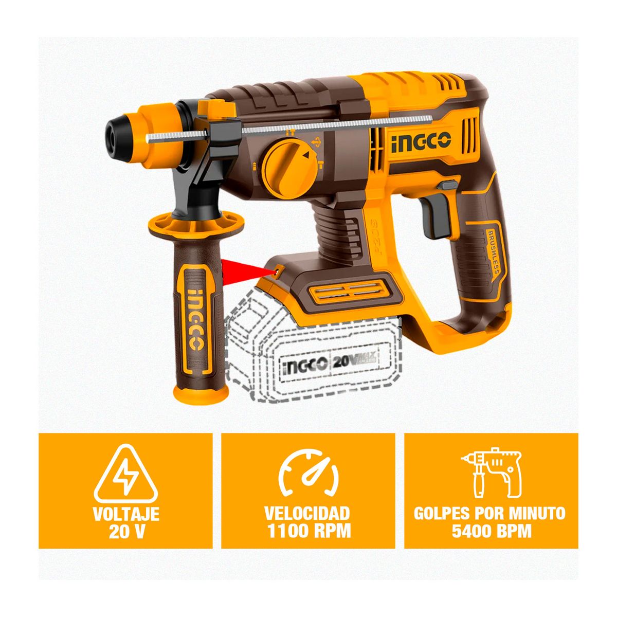 INGCO TOOLS - Rotomartillo 4 Funciones + batería 4ah + cargador 20v + adaptador