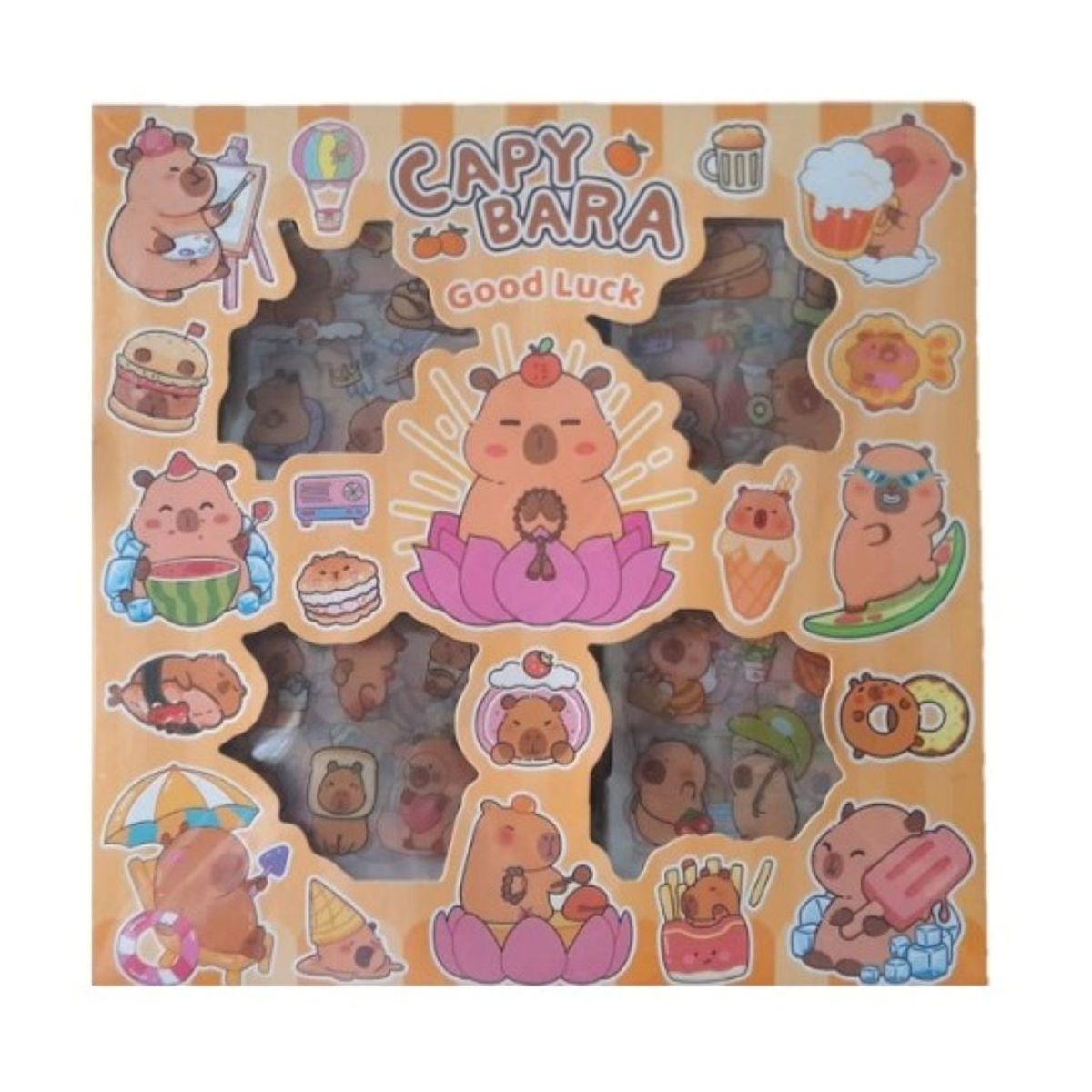 GENERICO - BOX DE100 PLANCHITAS DE STIKER CAPIBARA GOOD LUCK