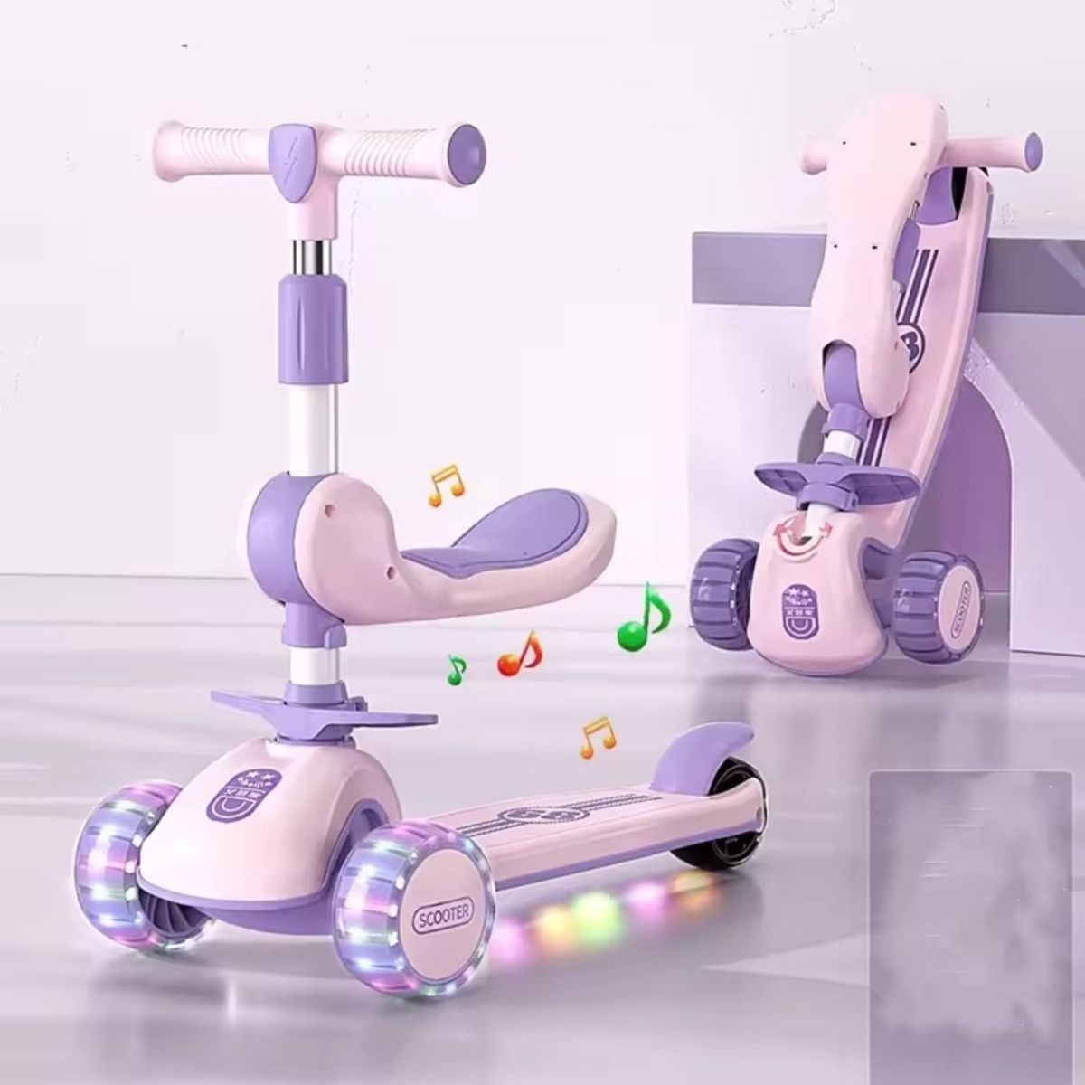 SCOOTER - Scooter Niños Ajustable Rosado Asiento Luces Música