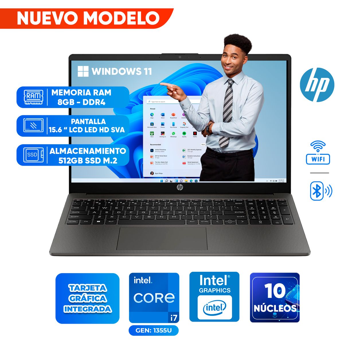 HP - Laptop HP 250 G10, Intel Core i7 1355U, 8GB DDR4, 512GB SSD, 15.6 LCD HD