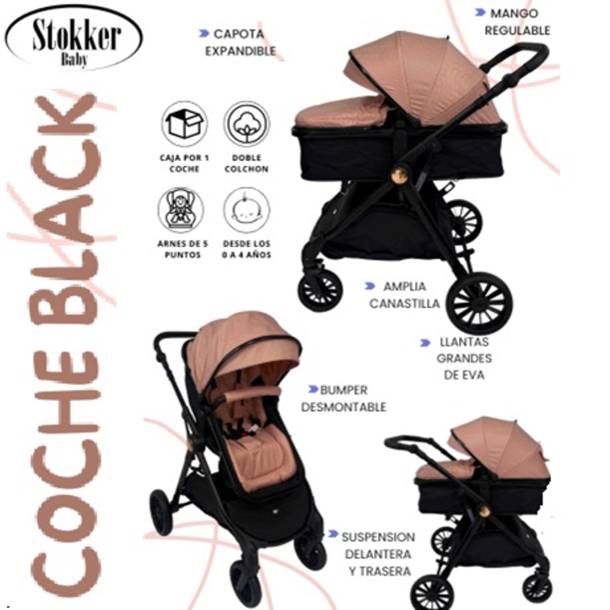Stokker Baby - Coche Moises Black Mango Regulable para Bebe