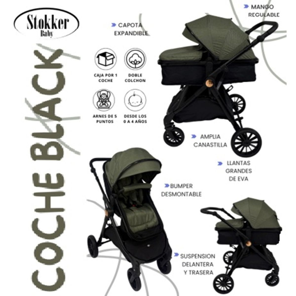 Stokker Baby - Coche Moises Black Mango Regulable para Bebe
