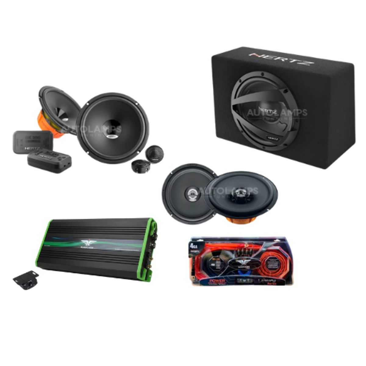GENERICO - COMBO DE AUDIO COMPLETO HERTZ COMPONENTES+COAXIALES+AMP+SUB