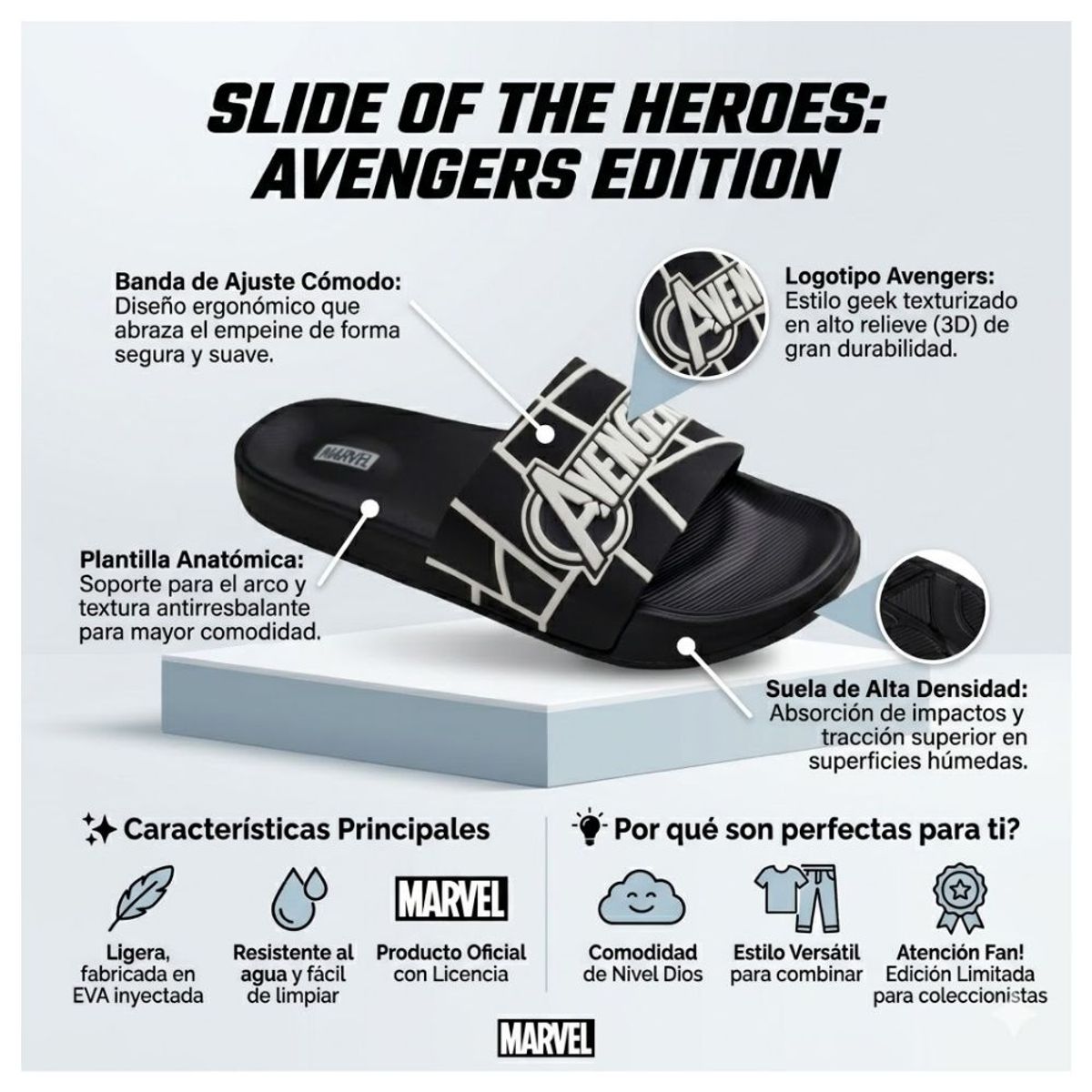 MARVEL - Sandalias Hombre Playeras Avengers Negro