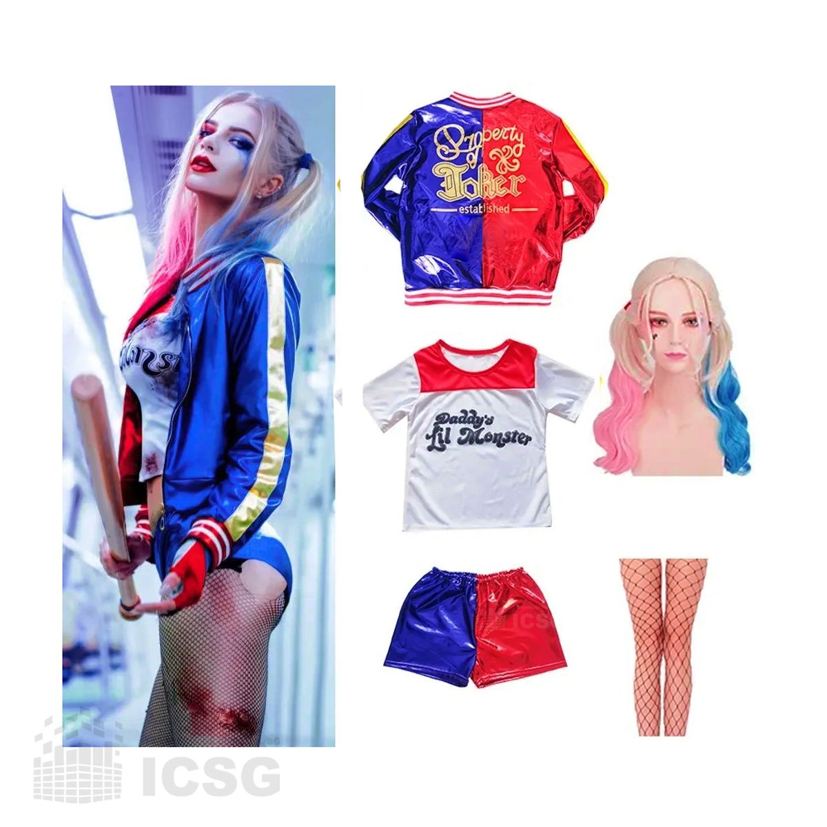 GENERICO - Disfraz Completo Harley Generico con peluca y Accesorio Talla M