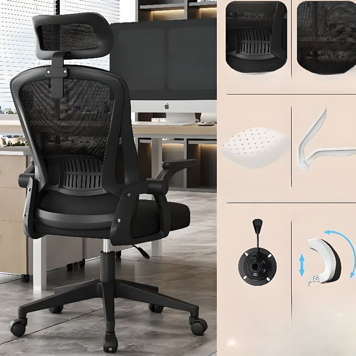 GENERICO - Silla de Oficina Ergonómica con soporte de Cabeza Negro