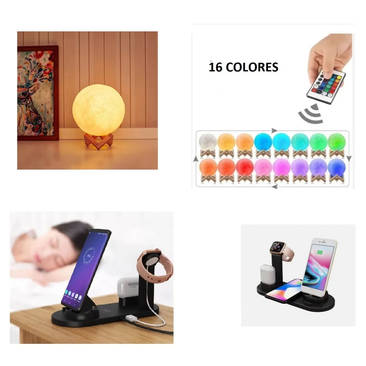 GENERICO - LAMPARA DE LUNA LED 3D 15 CM 16 COLORES+ ESTACION DE CARGA 5 EN 1