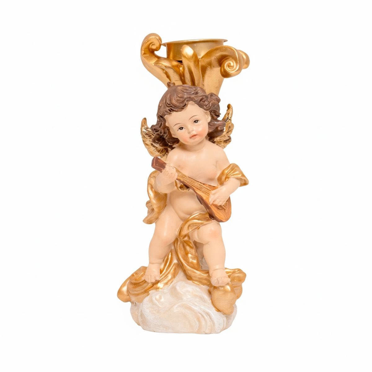 PANORAMA HOGAR - Ángel Candelero con Guitarra Dorado 19CM de Poliresina