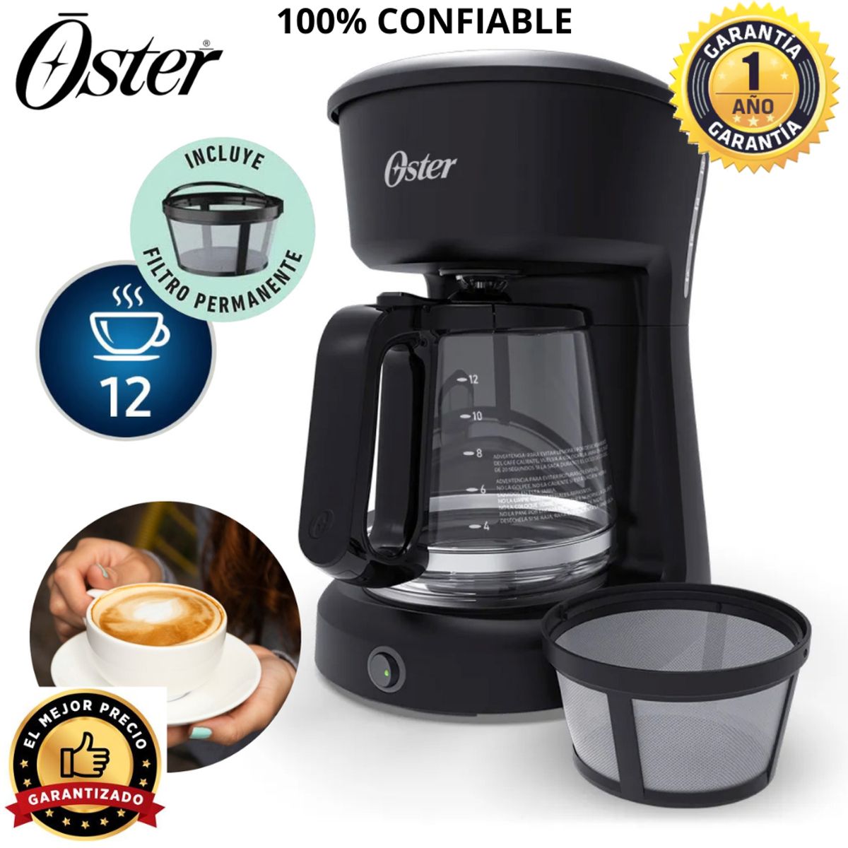 OSTER - Cafetera Oster 12 Tazas con Filtro permanente BVSTDCS12B Negro