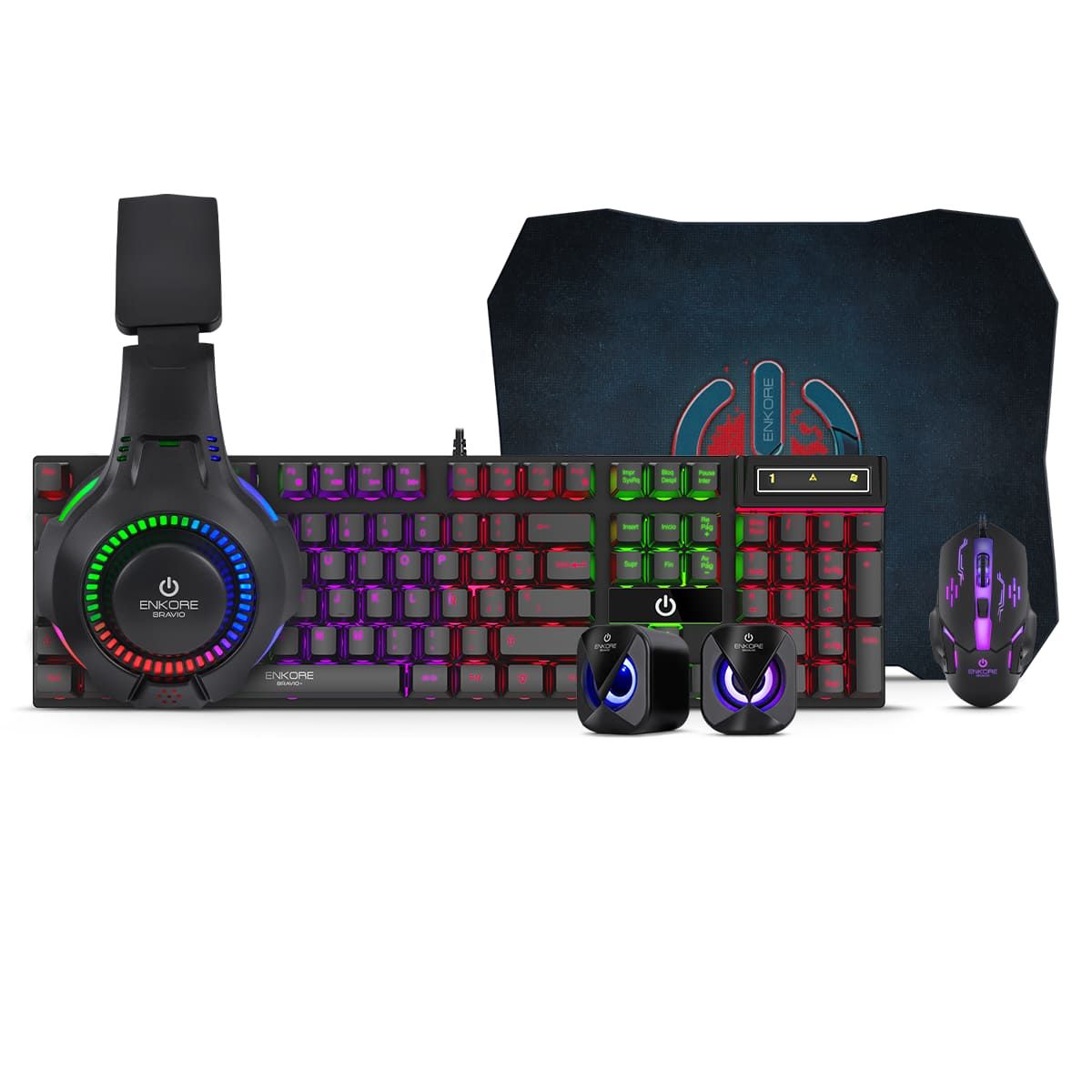 ENKORE - Kit Gamer 5en1 Teclado+Auricular + Mouse + Parlante + Pad Mouse Enkore Bravio5 ENTG1000-5