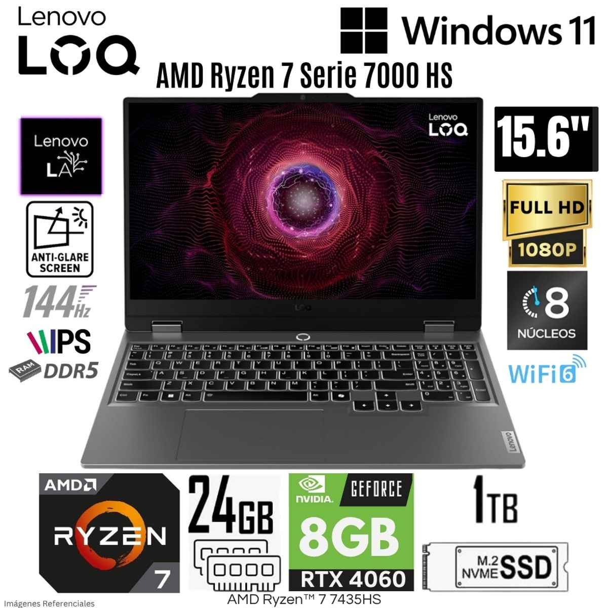 LENOVO - Laptop Lenovo LOQ 15ARP9 AMD Ryzen 7 7435HS 24GB RAM  1TB SSD RTX 4060-8GB 15.6"  FHD 144Hz