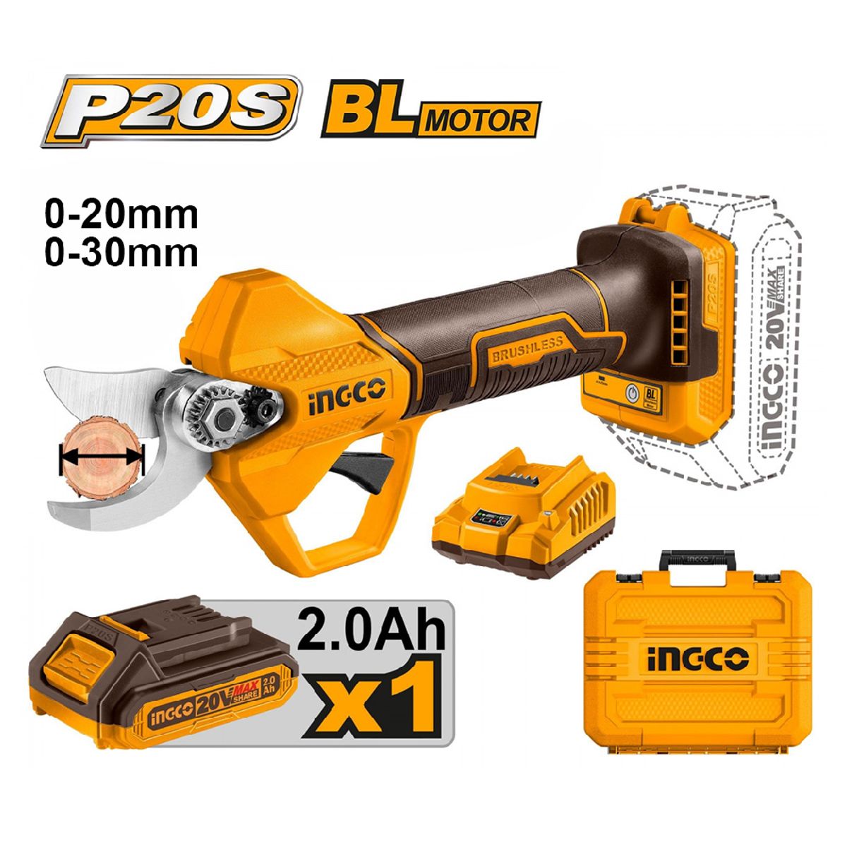 INGCO - TIJERA DE PODAR 20V INGCO 20MM/30MM 1 BATERÍA CON CARGADOR CSSLI203083