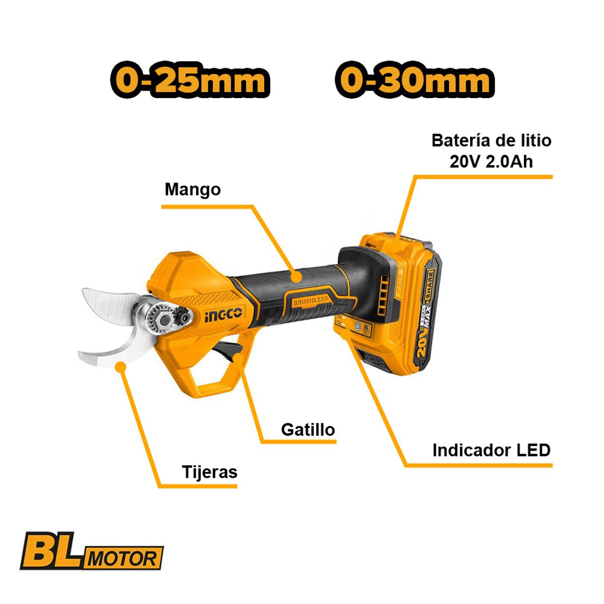 INGCO - TIJERA DE PODAR 20V INGCO 20MM/30MM 1 BATERÍA CON CARGADOR CSSLI203083