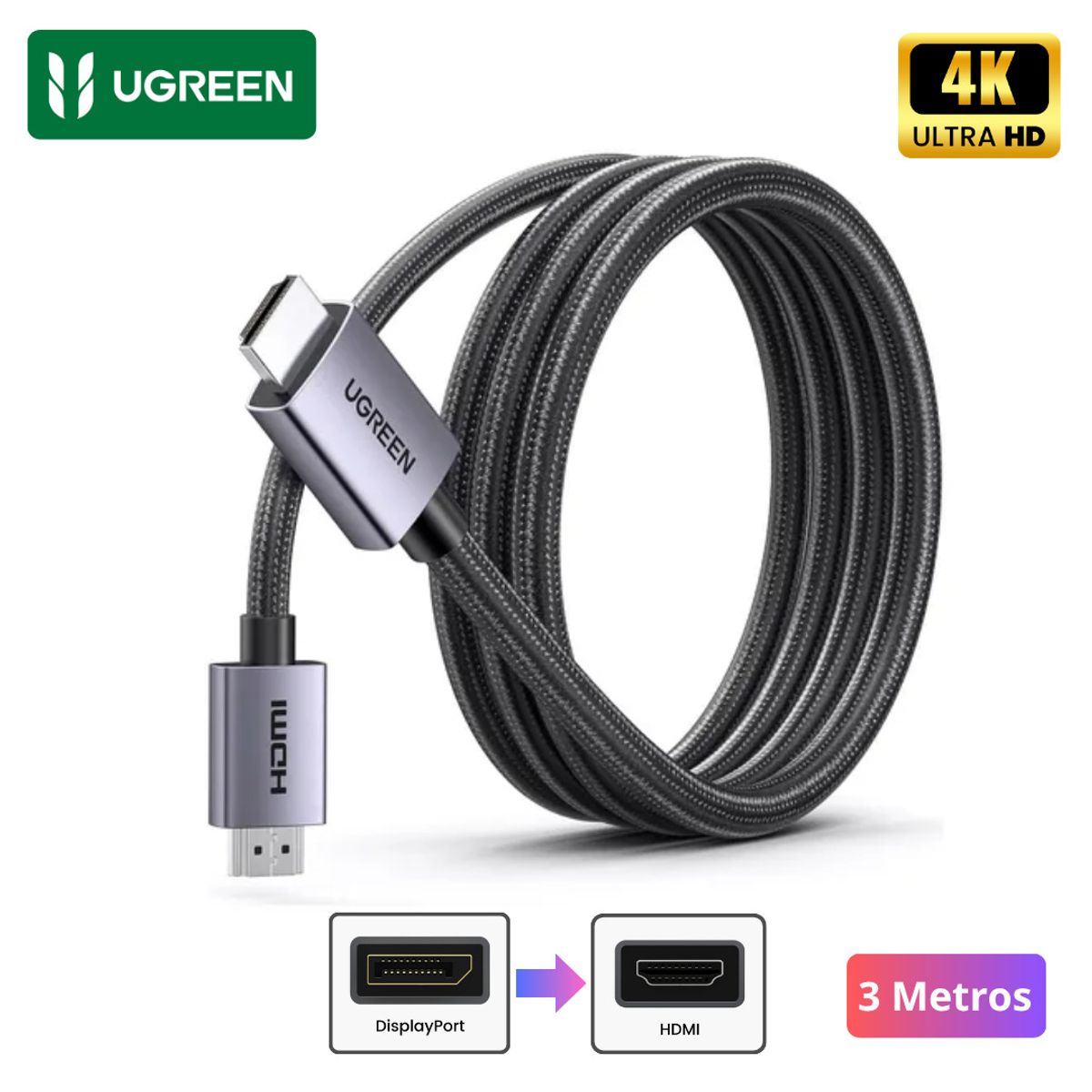 UGREEN - Cable DisplayPort DP a HDMI UGREEN Extensor Adaptador 4K 30Hz 3M Alta Calidad Unidireccional
