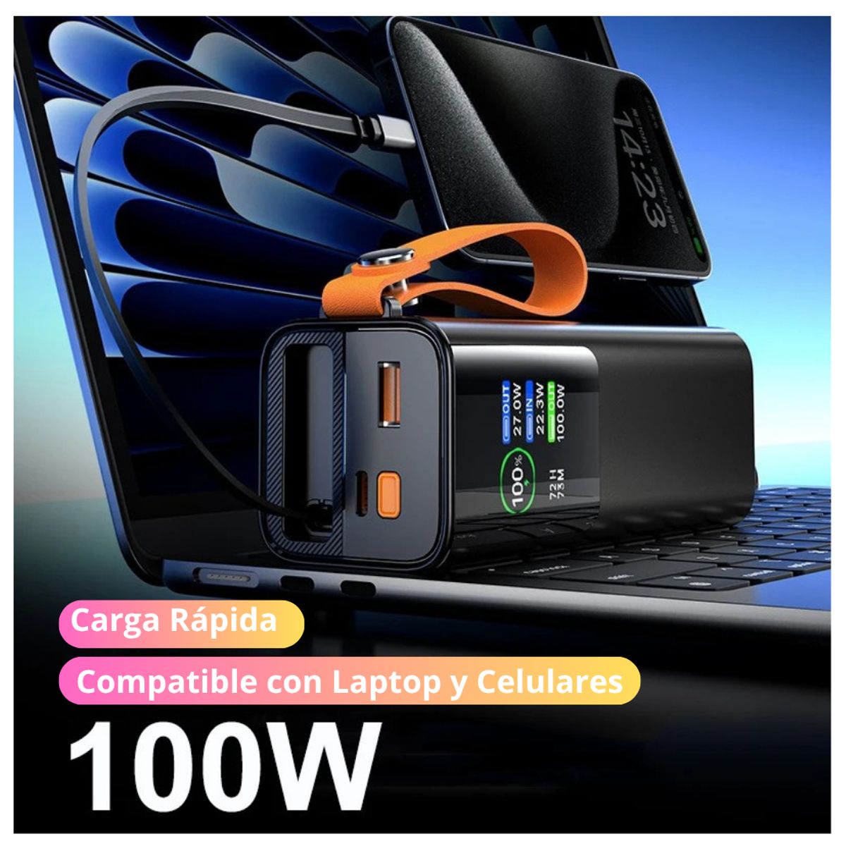 GENERICO - Power Bank 20000mAh 100W Cable Retráctil Cargador Portátil Carga Rápida Pantalla Digital y Linterna