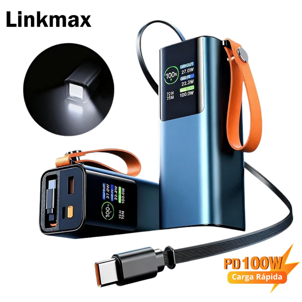 GENERICO - Power Bank 20000mAh 100W Cable Retráctil Cargador Portátil Carga Rápida Pantalla Digital y Linterna