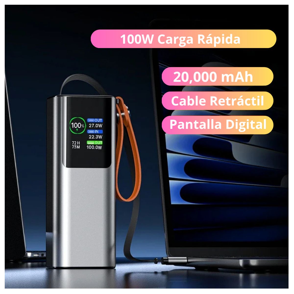 GENERICO - Power Bank 20000mAh 100W Cable Retráctil Cargador Portátil Carga Rápida Pantalla Digital y Linterna
