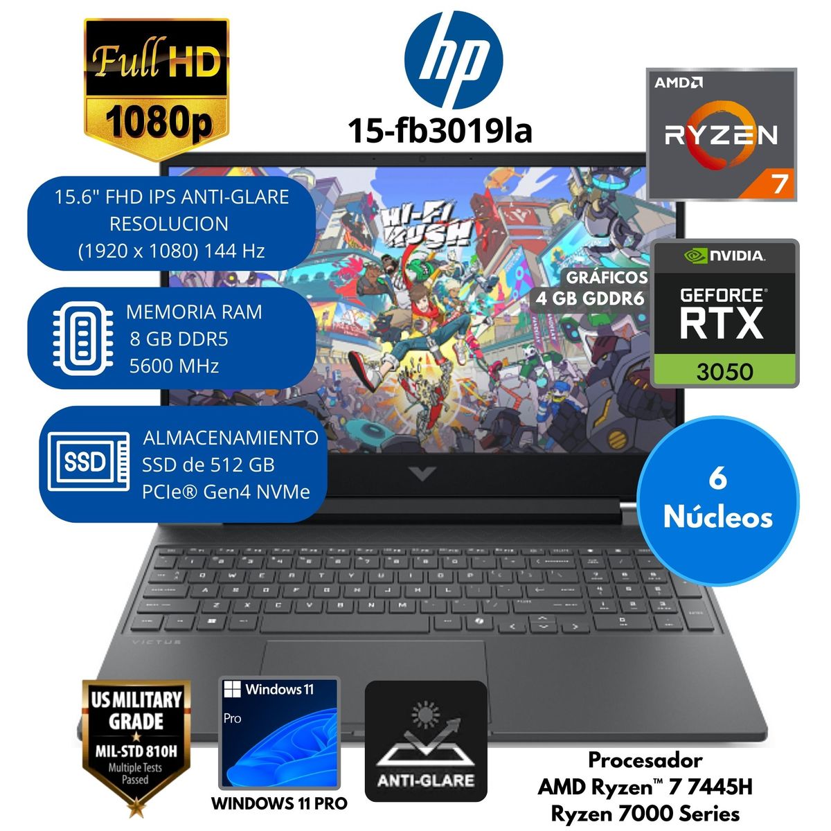 HP - Laptop Gaming HP Victus AMD Ryzen 7 (15-FB3019LA) RAM 8 GB SSD 512 GB 15.6"FHD Windows 11 PRO