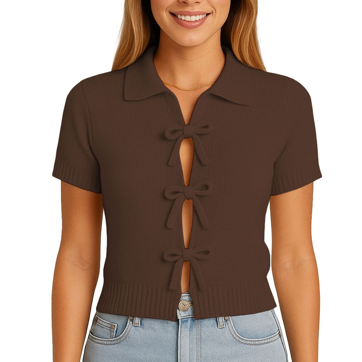 GENERICO - Sueter Mujer MC Camisero Lazos Hilo Tacto 463G Dom-22 Color Chocolate