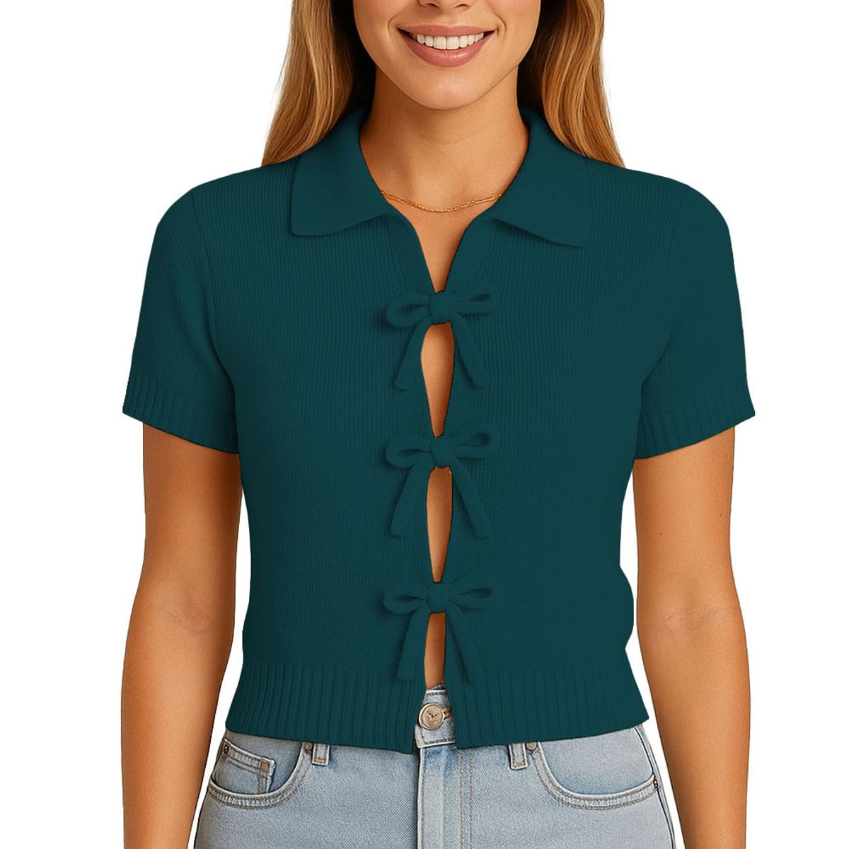 GENERICO - Sueter Mujer MC Camisero Lazos Hilo Tacto 463G Dom-22 Color Verde