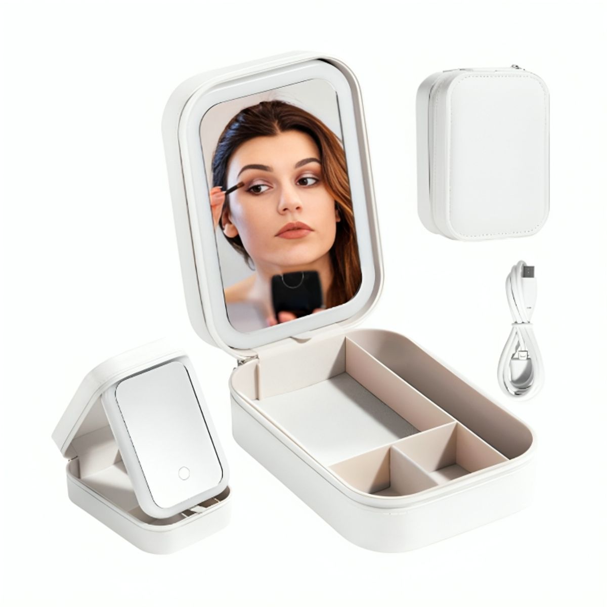 GENERICO - Organizador de Joyas Maquillaje de Viaje con Espejo y Luces LED Recargable Joyero