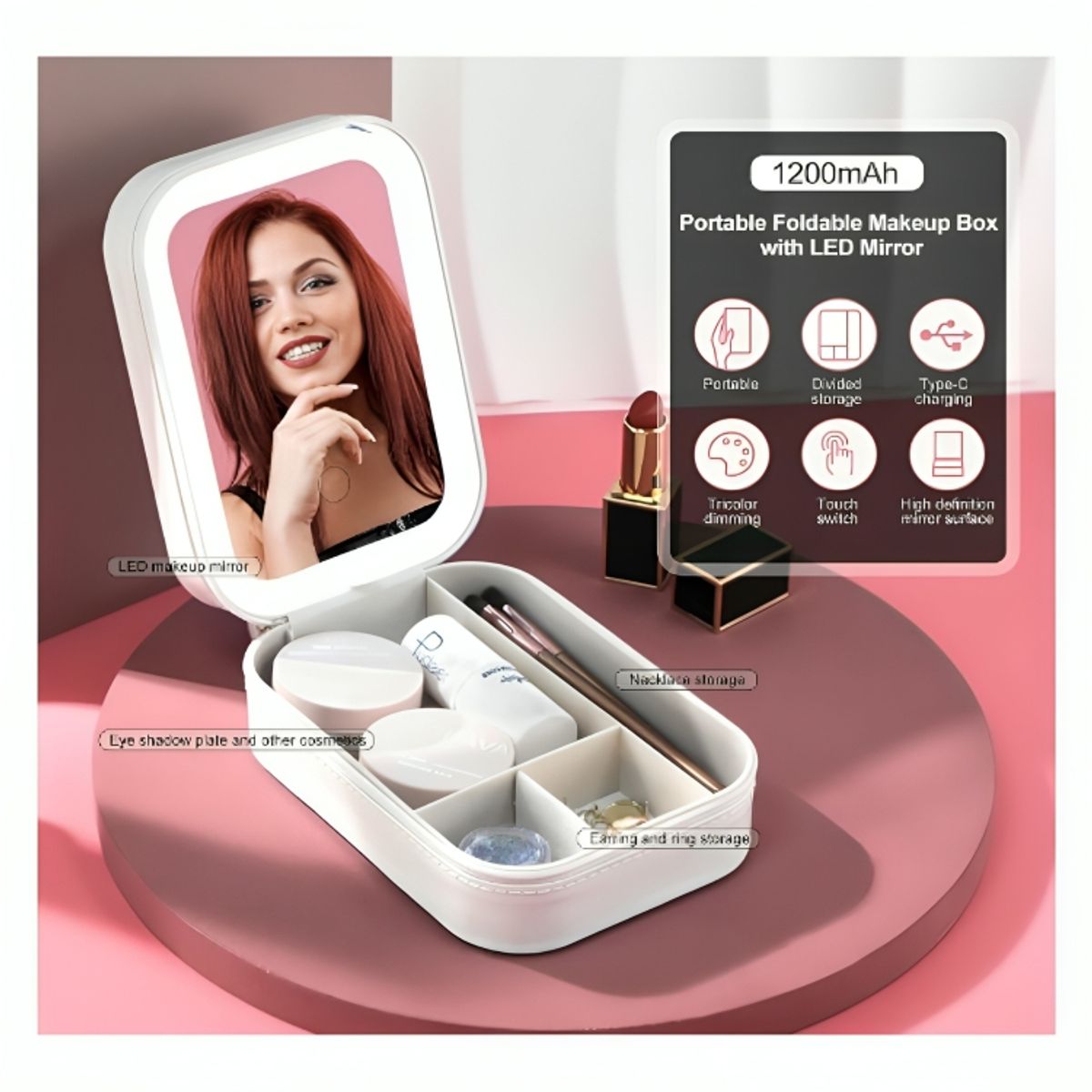 GENERICO - Organizador de Joyas Maquillaje de Viaje con Espejo y Luces LED Recargable Joyero