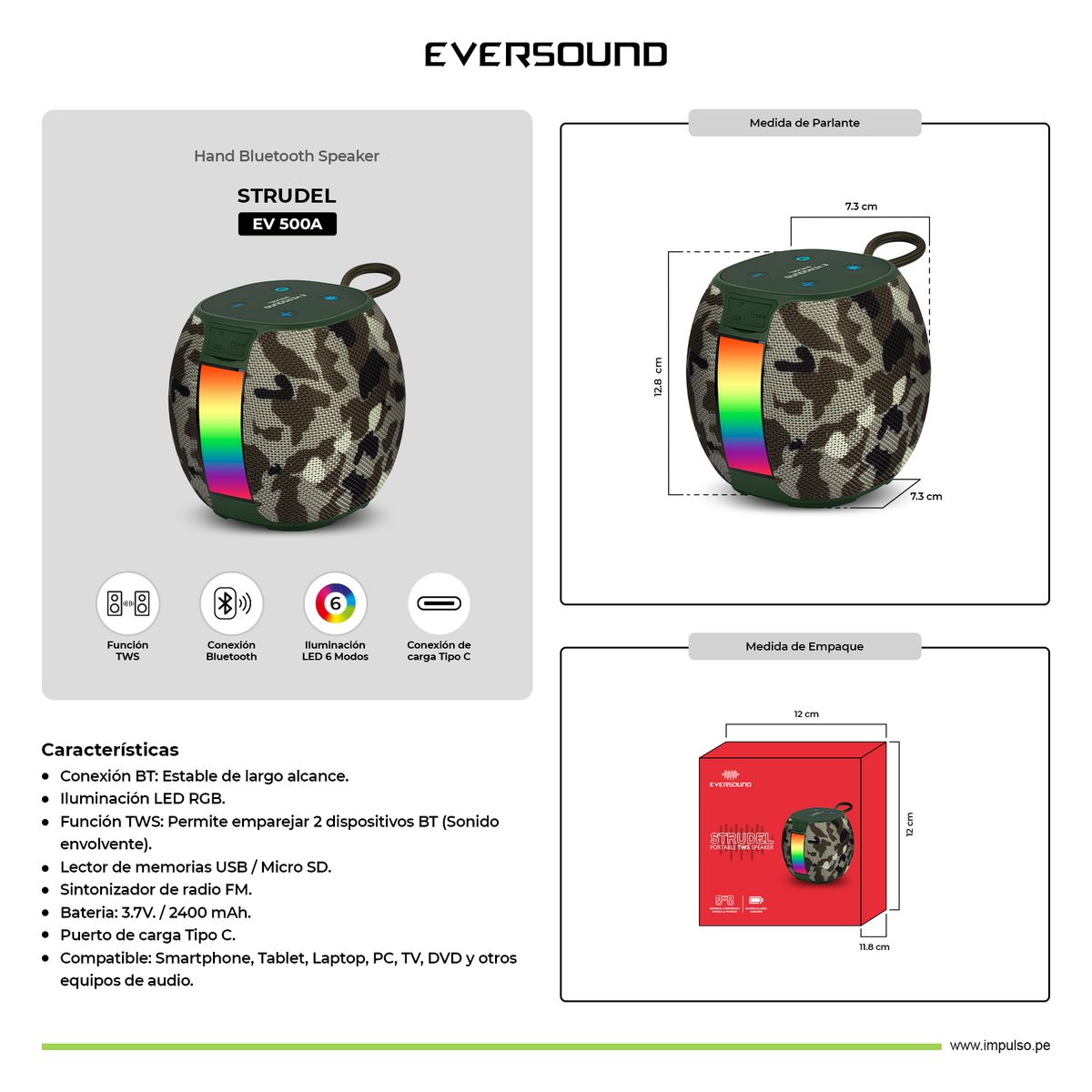 EVERSOUND - Parlante portátil BT TWS LUZ RGB FM Eversound Strudel EV500