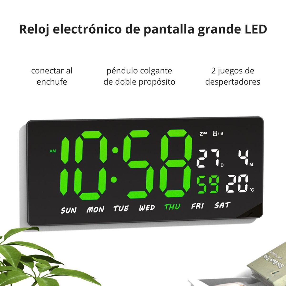 GENERICO - Reloj Digital LED 36 cm con Calendario, Temperatura, Alarma Dual y Brillo para Pared o Escritorio
