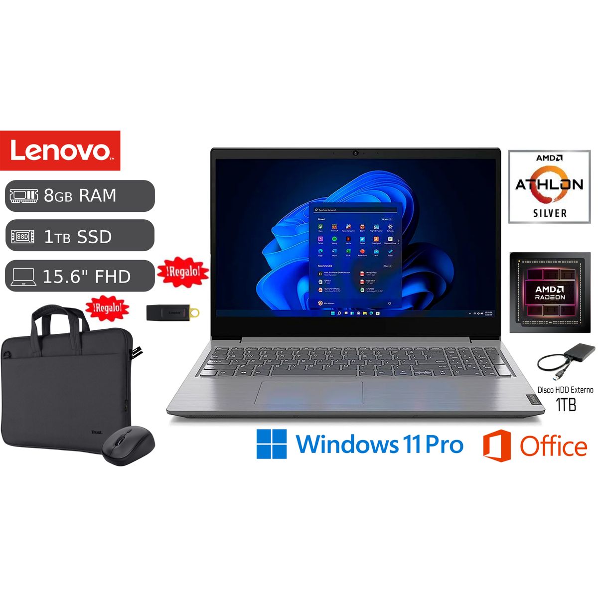 LENOVO - Laptop Lenovo V15 G4 AMD Silver 7120U 8GB RAM 1TB SSD 1TB HDD EXT +128GB USB