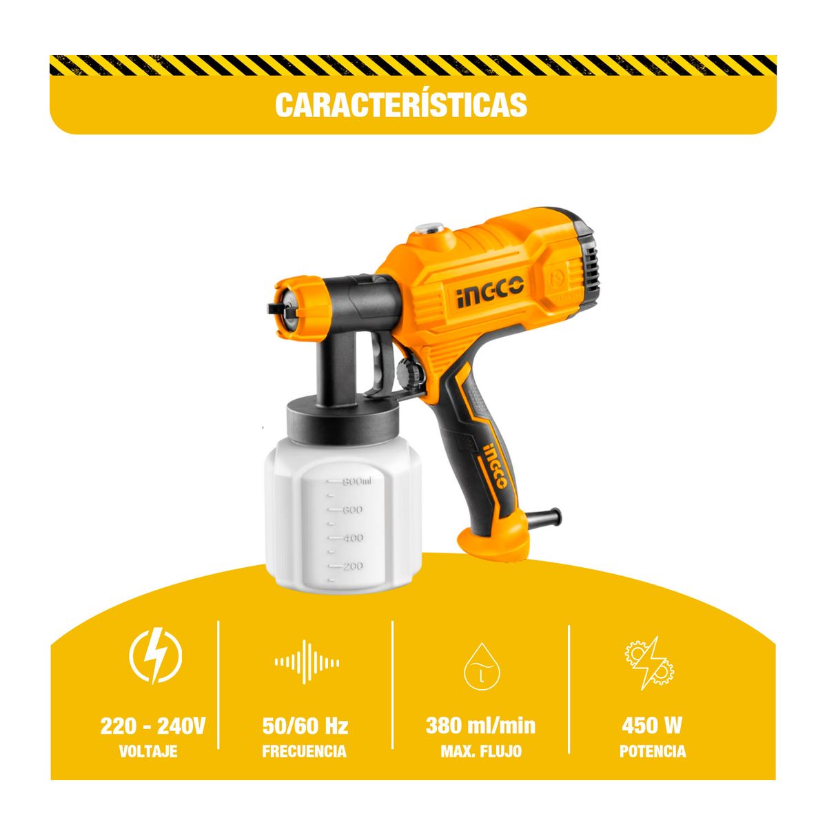 INGCO - Pistola De Pintar 800ml + Lijadora Eléctrica 240w Con Acce