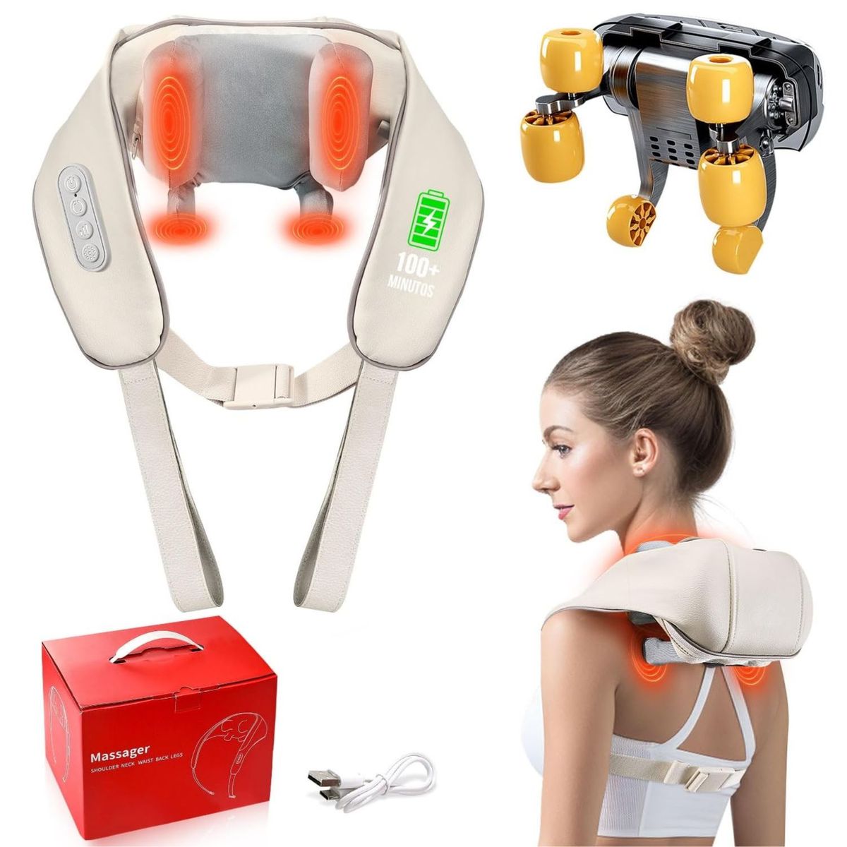 GENERICO - Masajeador de cuello y hombros 6D Shiatsu con calor y batería recargable