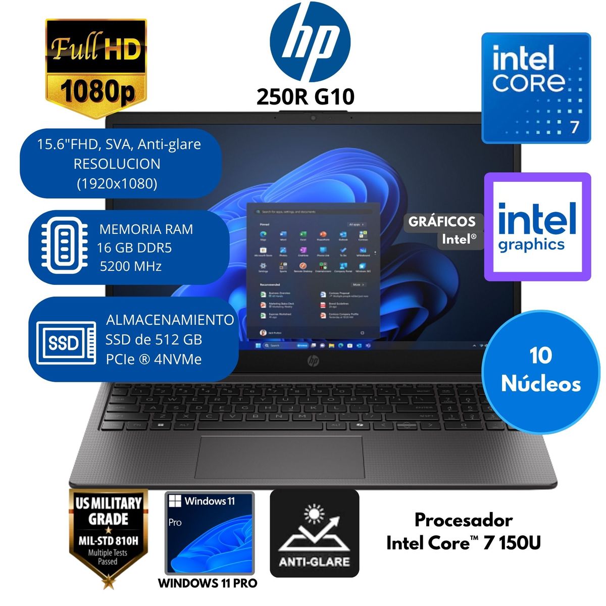 HP - Laptop HP Intel Core 7(250R G10) RAM 16 GB SSD 512 GB 15.6"FHD Windows 11 PRO