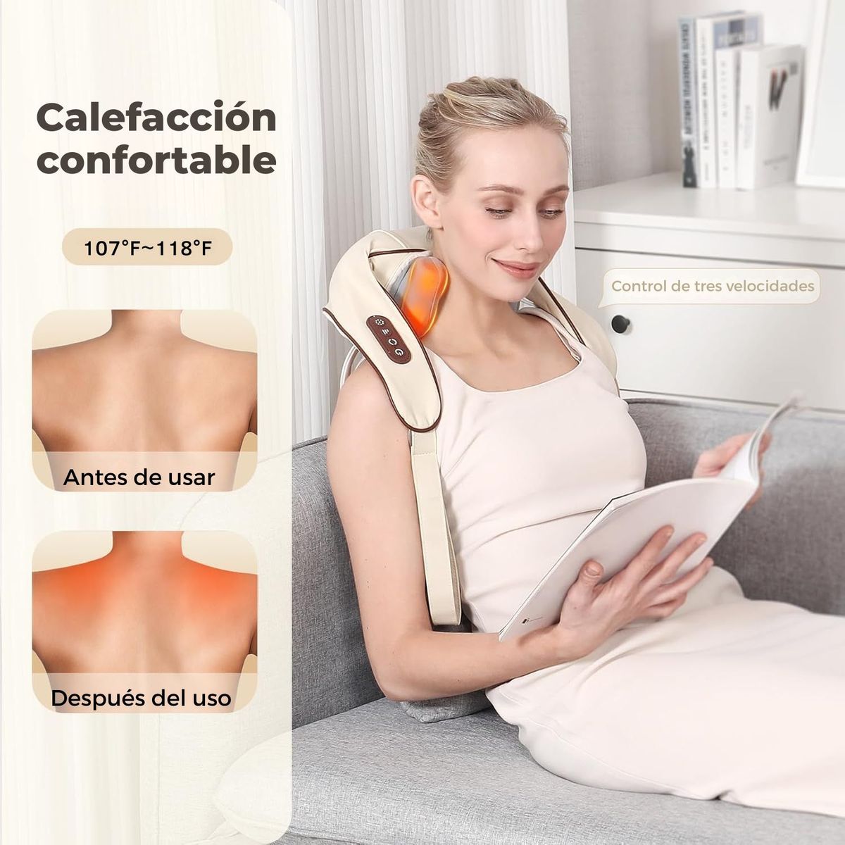 GENERICO - Masajeador de cuello Shiatsu con calor inalámbrico y recargable USB-C para alivio muscular