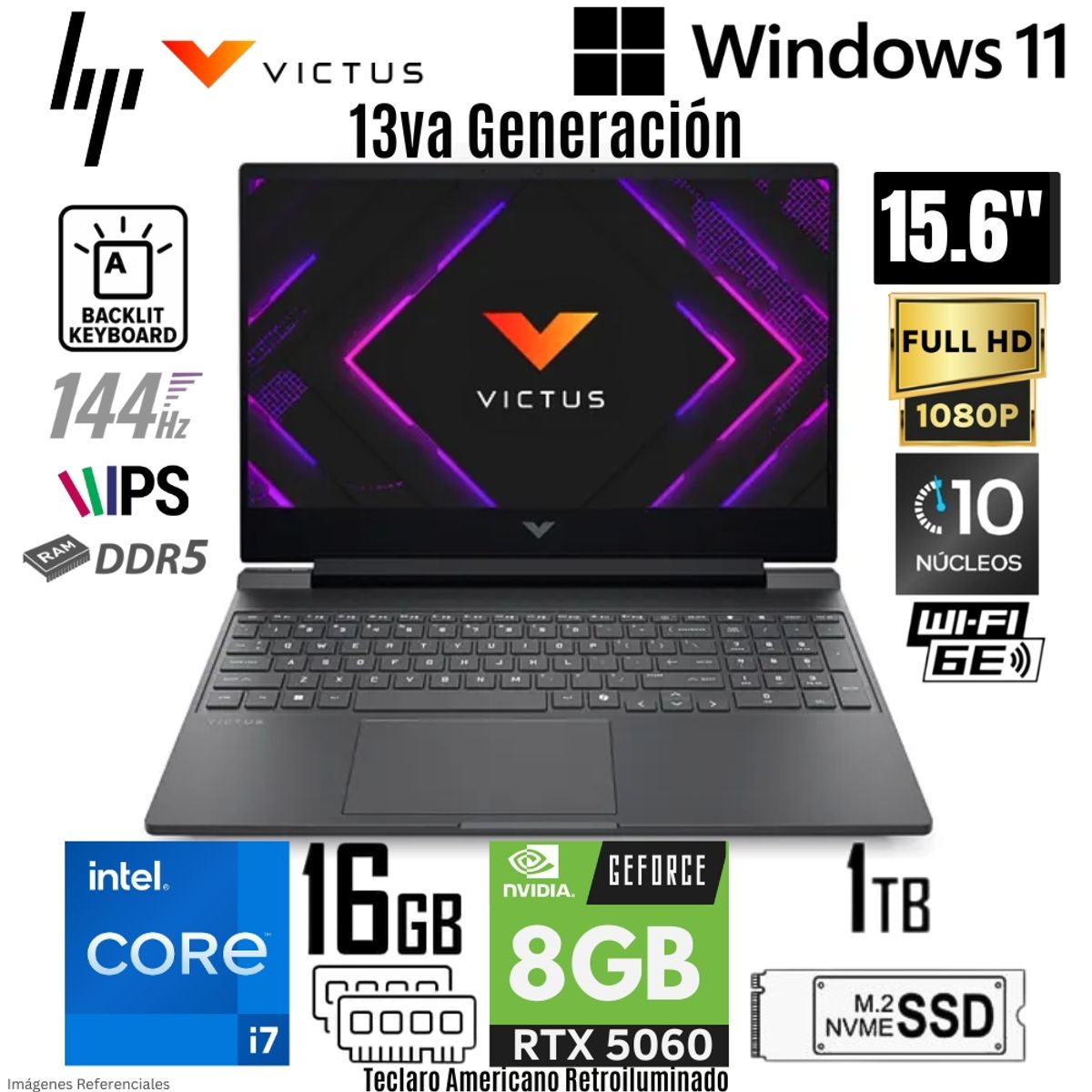 HP - Laptop HP Victus 15-FA2093DX Intel Core i7-13620H 16GB RAM 1TB SSD RTX 5060-8 GB 15.6"  FHD 144Hz