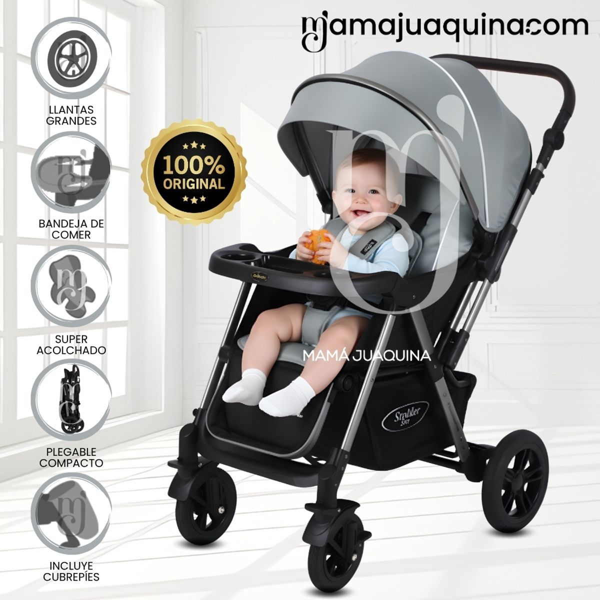 BABY - Coche Cuna De Lujo «SILVER» con Mango Reversible Green